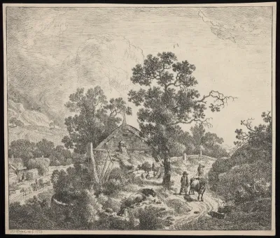 A cottage at the junction of two roads: a waggon is driven along one of the roads, while a cowherd drives a cow along the other