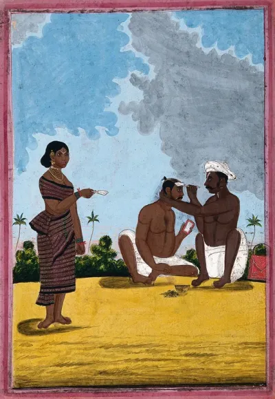 A country barber shaving a man; a woman stands on the left