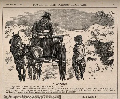 A country doctor out in his horse and trap, enquiring how a farm worker has voted