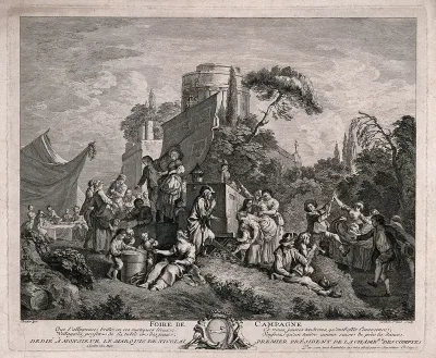 A country fair: itinerant entertainers act on a stage, women and children look at a peep show, others dance to music provided by a man playing a hurdy-gurdy and boy playing a small trumpet