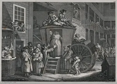 A country inn yard with passengers being crammed into a coach and electioneering and comic scenes going on in the background