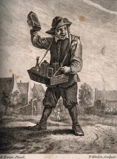 A country pedlar selling medicines from a basket