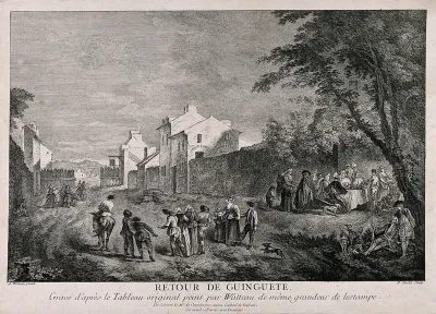 A country village: people feast round a table while others walk home in drunken groups