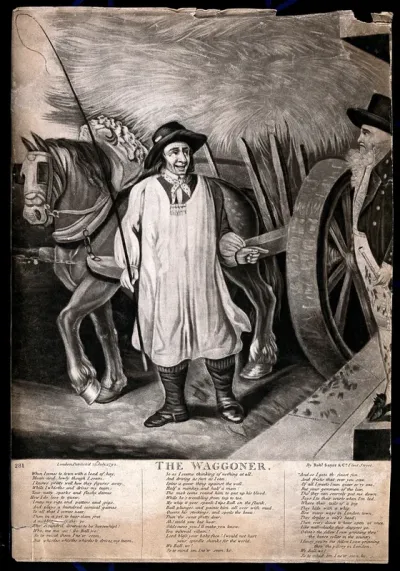 A countryman driving a wagonload of hay into town spatters a townsman's breeches with mud
