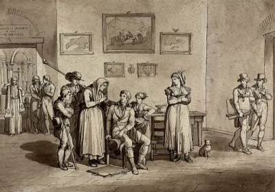 A countrywoman is telling the fortune of a young artist at the entrance to a chapel; two other artists walk past on the right; five paintings on the wall