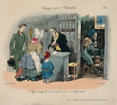 A couple buy some narcotics from an apothecary whose assistant, Death, works with a pestle and mortar in the back room
