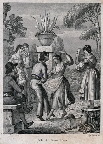 A couple dance the salterello as a woman plays the tambourine and a man plays a lute