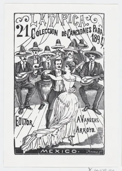 A couple dancing while a band plays music in the background, illustration for 'La Tipica,' published by Antonio Vanegas Arroyo