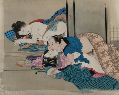 A couple making love in the foreground; a woman in post-coital sleep behind