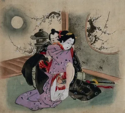 A couple making love; outside the room, a garden is seen by moonlight