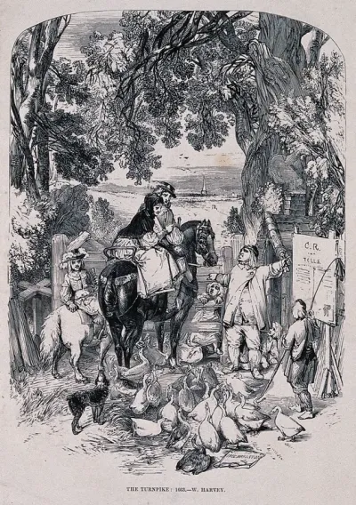 A couple on horseback and a young child on a pony are stopped at a gate by a farmer who points at a tollgate sign pinned to the fence