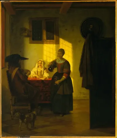 A Couple Playing Cards, with a Serving Woman