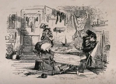 A couple sit in a slum dwelling playing a card game; the man is drinking from a tankard and washing is hanging from a line stretched across the room