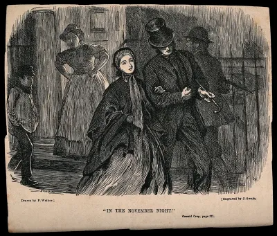 A couple walking down the street watched by a woman standing in a doorway with arms akimbo