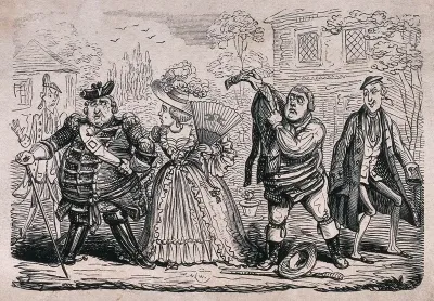 A couple walking through a garden dressed in fine clothes are being watched closely by three other men as the woman looks surprised