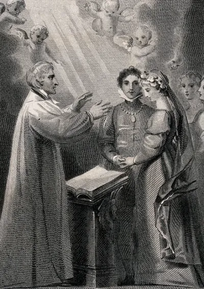A couple whose marriage appears to be blessed by heaven with cherubs in attendance