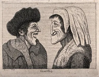 A couple with exaggerated features face one another