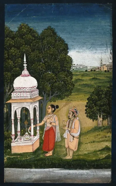 A couple worshipping the Shiva linga ; the woman puts a garland around the lingam