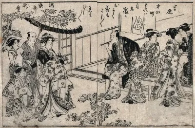 A courtesan promenades at the cherry blossom festival in the Yoshiwara