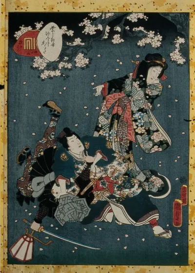 A courtly young man grapples with an assailant: his woman companion reacts with shock as she hides her face (Chapter 46, beneath the oak, from the 'Tale of genji')