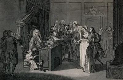 A courtroom scene with a judge, a pregnant woman, a guilty looking man and an angry wife