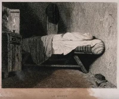 A covered corpse lying on a bed
