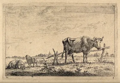 A cow and two sheep in a field