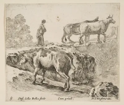 A cow ascending a bank, a peasant woman leading two cows across a bridge in background, plate 9 from "Diversi capricci"