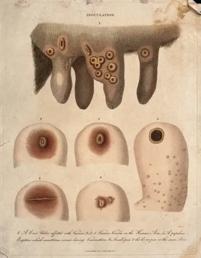 A cow's udder with vaccinia pustules and human arms exhibiting both smallpox and cowpox pustules