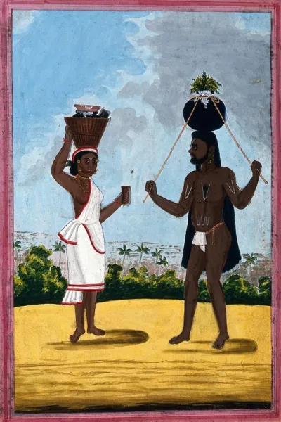 A cowherd (?), carrying a jar on his head; with a woman carrying milk (?)
