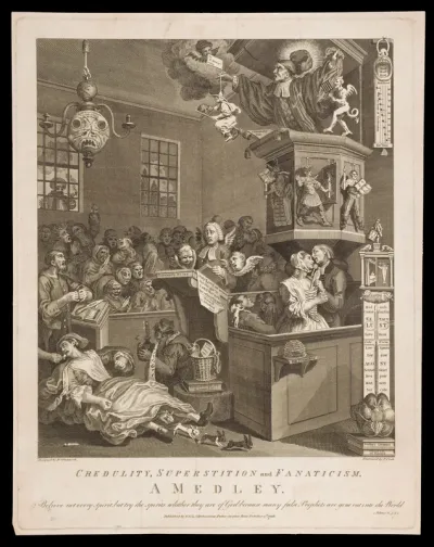 A credulous congregation listening to a sermon by a fiery preacher