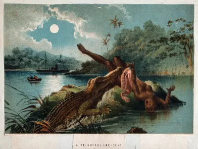 A crocodile emerging from the Zambezi river and biting off a woman's leg