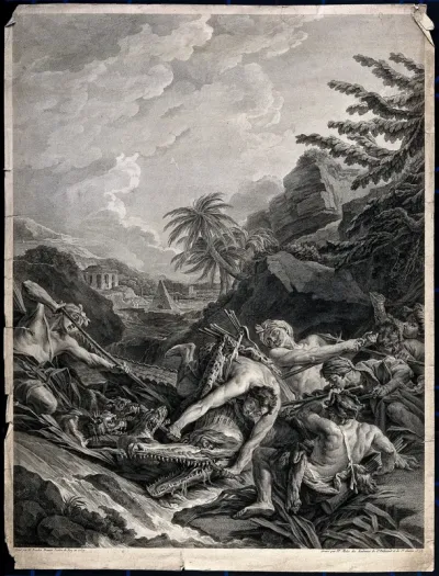 A crocodile hunt, showing a group of bare-chested hunters and their dogs in an exotic landscape, attacking a crocodile with spears and stakes