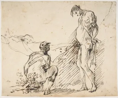 A Crouching Man Defecating and a Standing Man Urinating