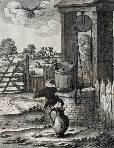A crow is standing on the handle of a large pitcher in front of a well; illustration of a fable by J