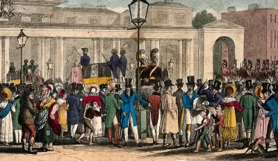 A crowd has gathered outside Carlton House in London, as the carriage of Frederick Duke of York passes on its way to the palace; a pickpocket works the crowd
