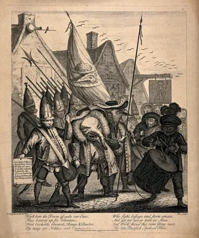 A crowd of figures with the heads of animals carry banners and beat drums as they form a procession; representing the City of London Volunteers