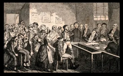 A crowd of injured men being helped into a public office by family and friends, who appear to be campaigning on their behalf