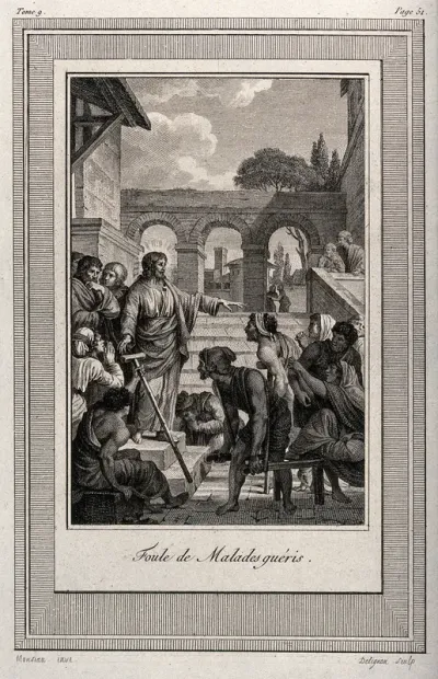 A crowd of sick people congregates around Christ