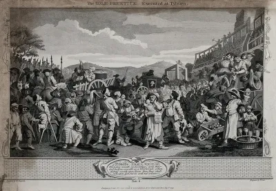 A crowd of spectators wait as Tom Idle is driven in a cart with his coffin to his place of execution and the gallows