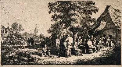 A crowd outside a country tavern with market stalls and a church in the background