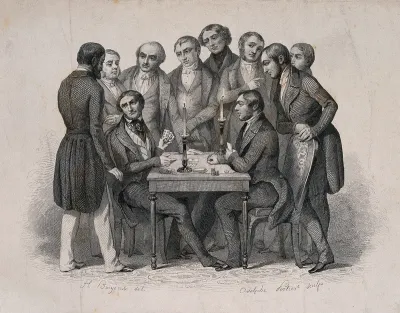 A crowd watches as two men gamble; representing the phrenological faculty of acquisitiveness