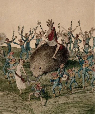 A crowned fairy king seated on a hedgehog drawn by a girl holding a giant daisy, accompanied by dancing fairies
