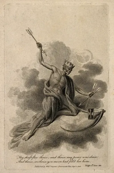 A crowned skeleton with three arrows