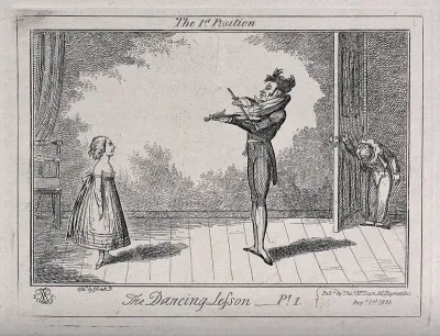 A dancing class: a girl and a boy stand in first position, as the teacher plays the violin