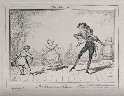 A dancing class: a girl curtsies as a young man bows to her, the teacher plays the violin and a girl stands in a box