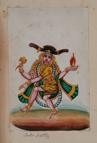A dancing form of Lord Shiva with the upper left hand holding a flame, the upper right holding an hourglass drum and the lower two in different mudra positions