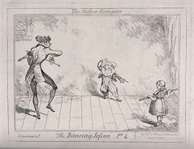 A dancing lesson: a boy in a sailor suit dances the hornpipe as the teacher plays the violin; the girl is standing with a stretcher across her back