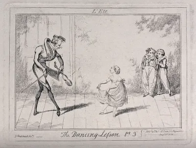 A dancing lesson: two boys stand laughing in the background as the teacher shows the girl how to hold her dress for the dance