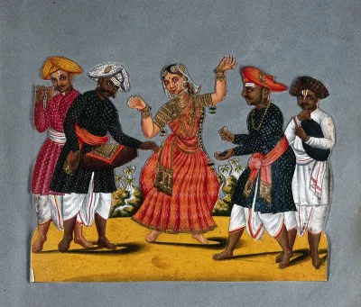 A dancing woman with four male musicians of south India